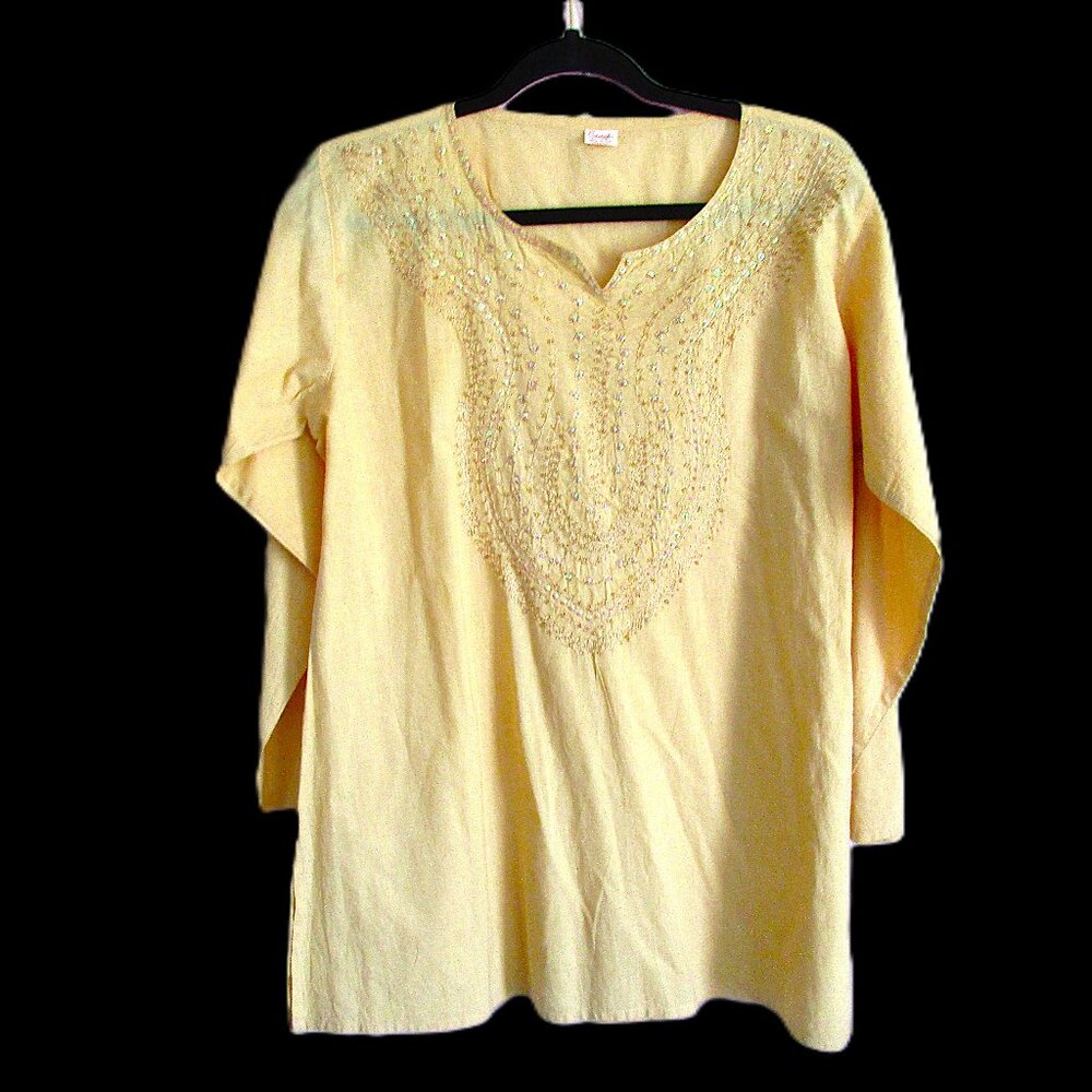 BEAUTIFUL Tunic SANCHI India Free Size 100% Cotton Yellow Sequins Long Sleeve
